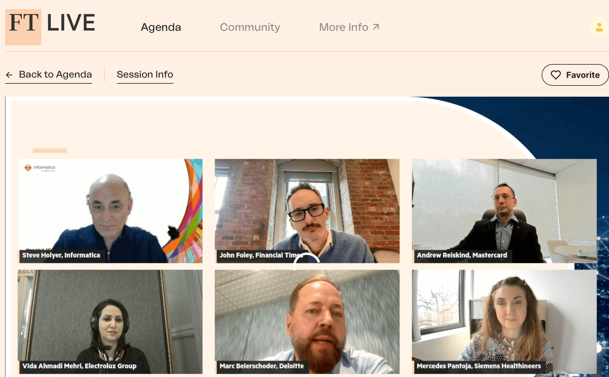 FT Live panelists: Steve Holyer (Informatica), John Foley (Financial Times), Andrew Reiskind (Mastercard), Vida Ahmadi Mehri (Electrolux Group), Marc Beierschoder (Deloitte), Mercedes Pantoja (Siemens Healthineers)