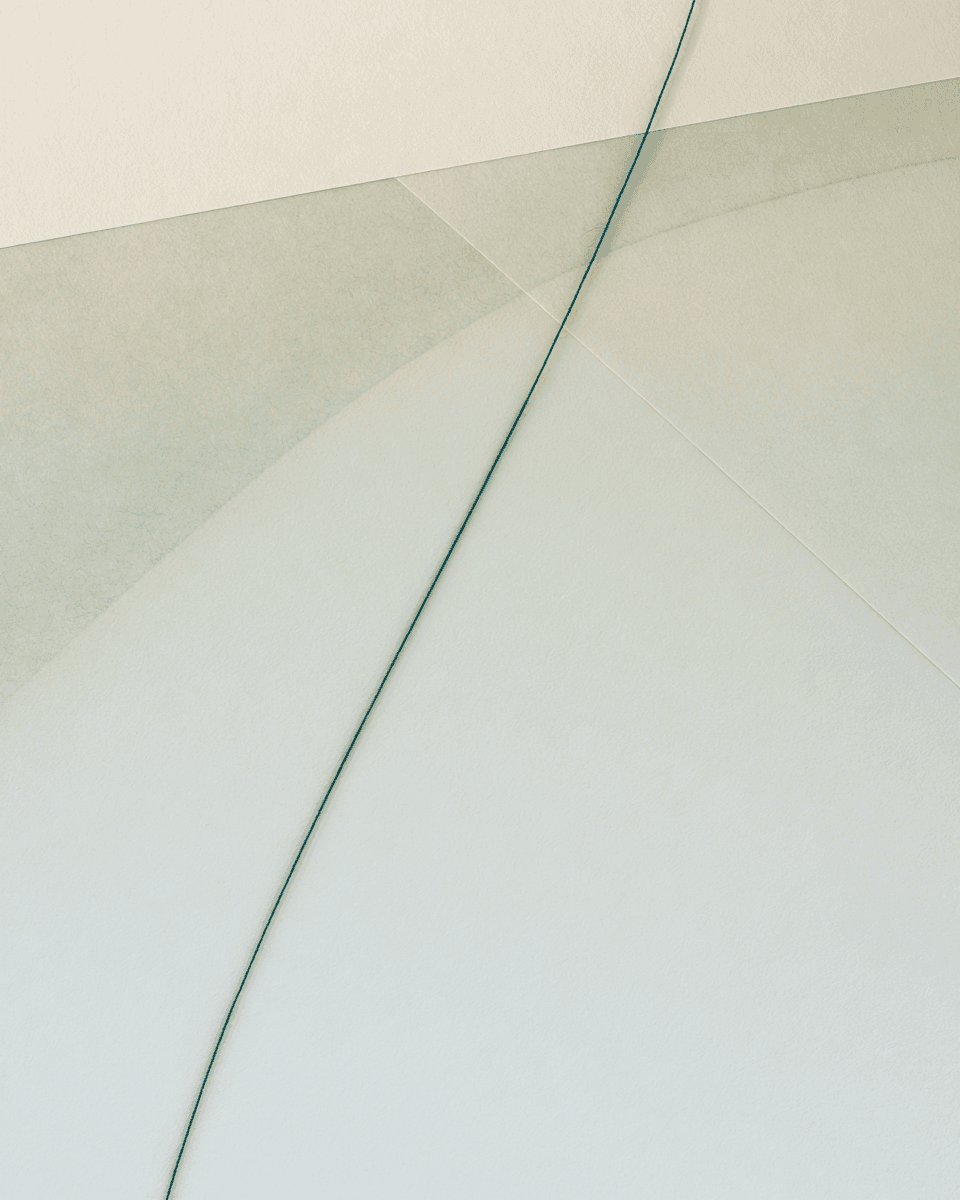 layered paper planes with a single teal thread