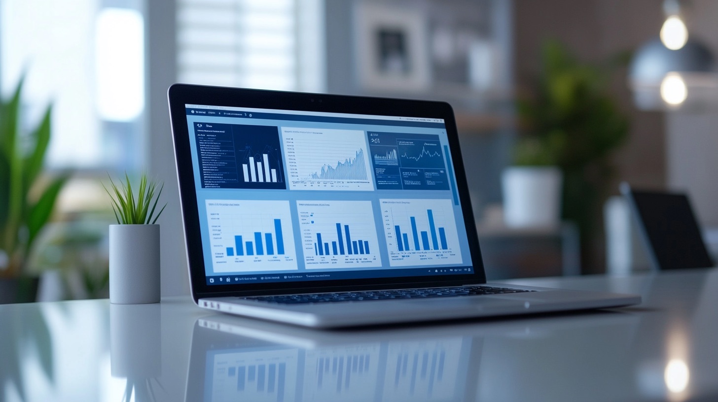 Laptop screen displaying an AI operations dashboard with data visualisations and analytics