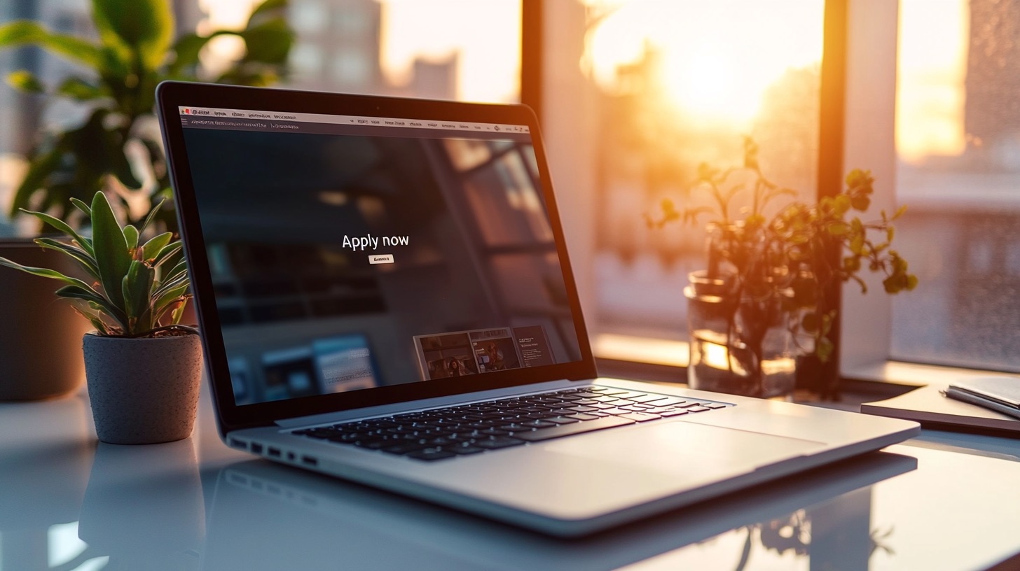 Laptop displaying a careers page with a sunrise in the background