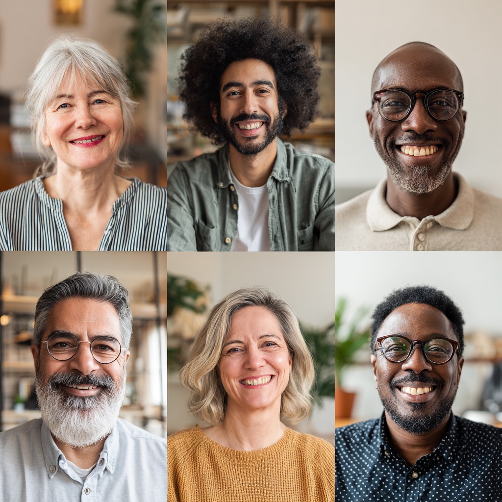 Mosaic grid of six individual portraits representing the diversity and inclusion at Exec X AI