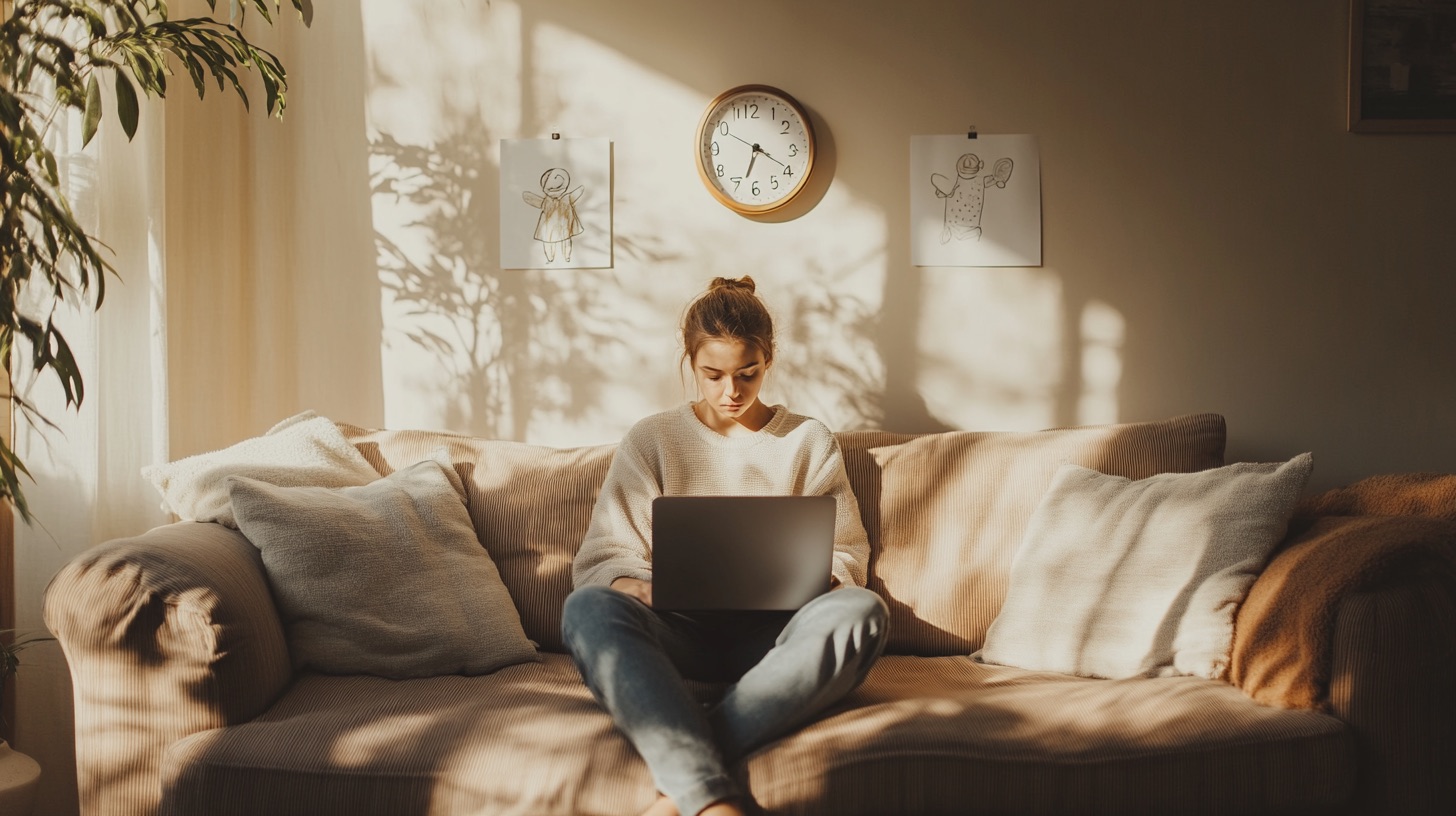 Person relaxing on a sofa with a laptop, with a child's drawing on the wall behind them, representing work-life balance