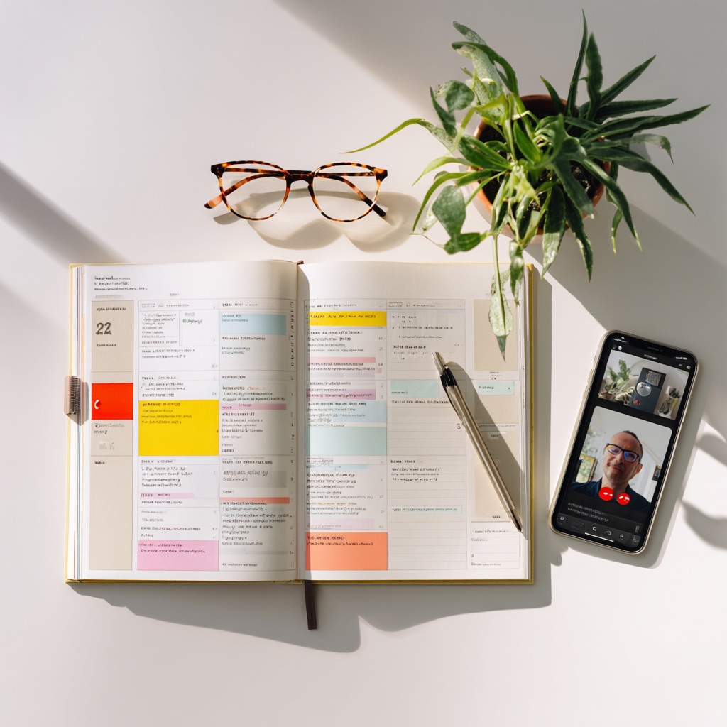 Overhead flat-lay view of a home workspace with a laptop, coffee, and notebook, representing flexible scheduling