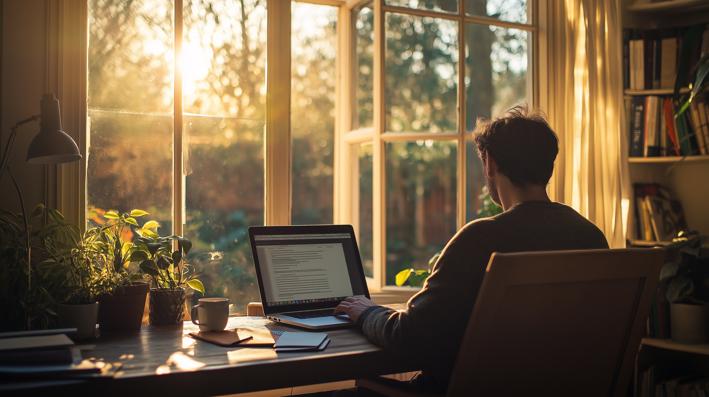 Person working from a sunlit home office with a laptop, representing the remote-first culture at Exec X AI