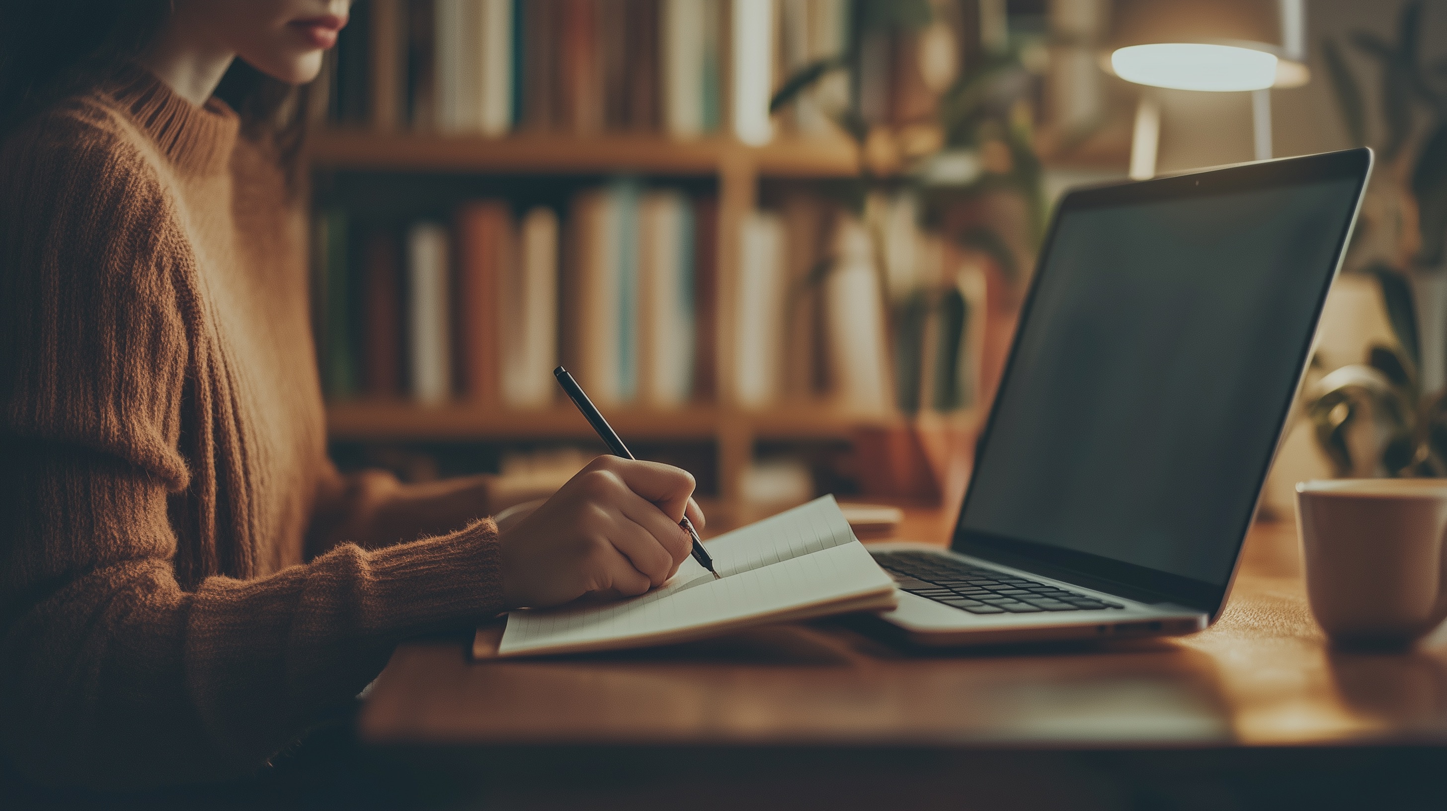 Person writing preparation notes at a clean desk with a notebook and pen