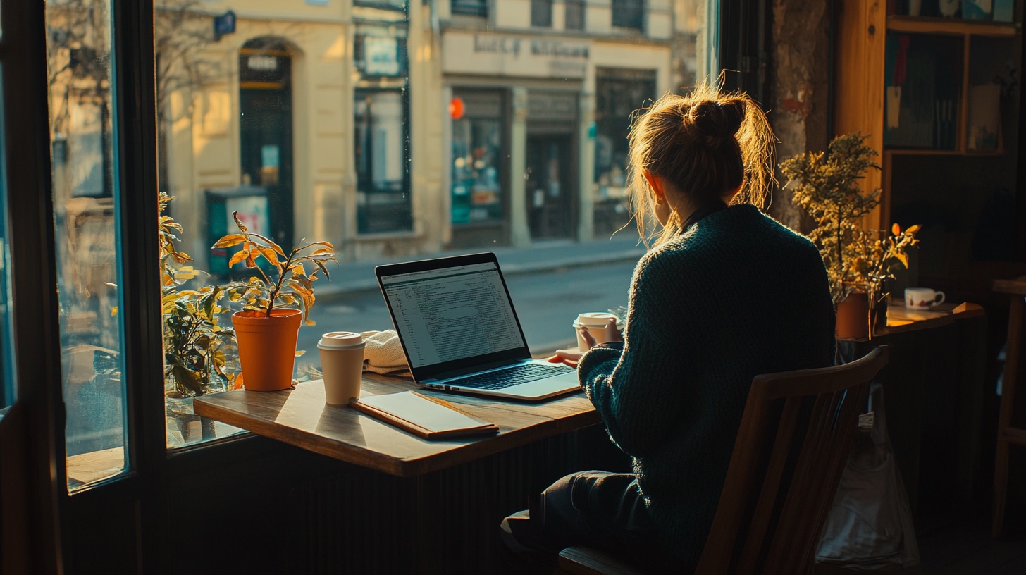 Person working at a cafe table with a laptop, illustrating Exec X AI's flexible work culture
